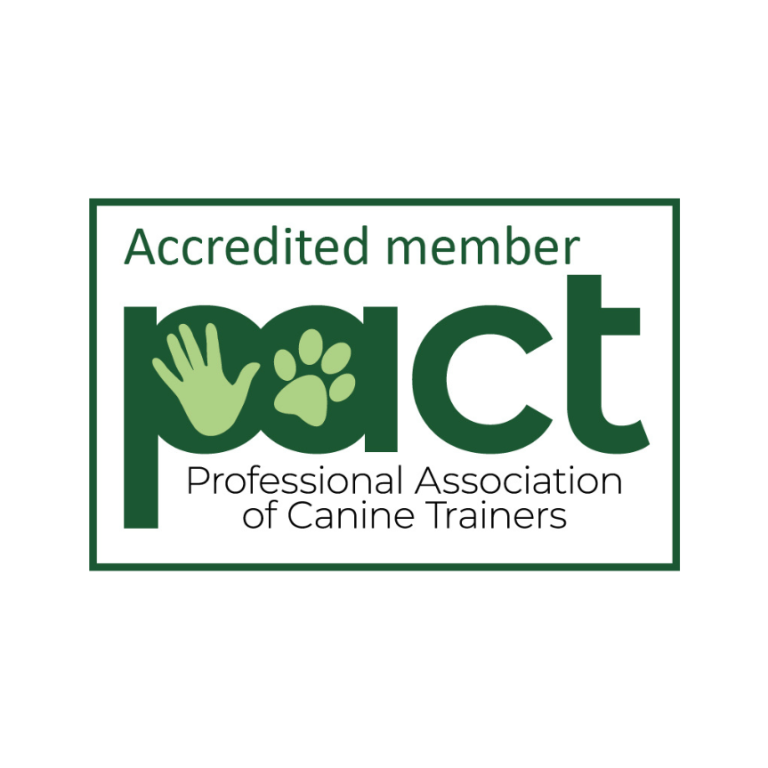 Green logo of pact with human hand and paw inside rectangle border: "Accredited member pact Professional Association of Canine Trainers"